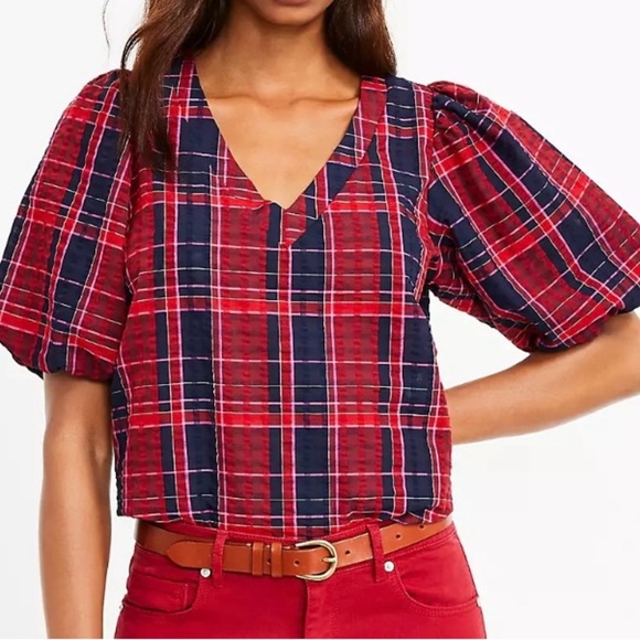 LOFT Red and Blue Flutter Sleeve Blouse - Picture 13 of 13